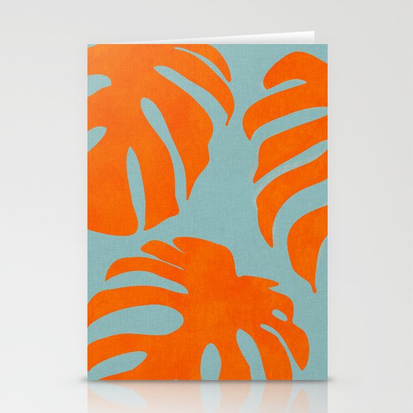 monstera leaves blue orange plant summer Stationery Card Gallery Image 2