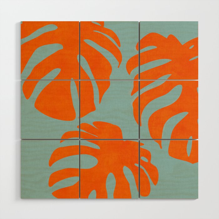 monstera leaves blue orange plant summer Wood Wall Art Gallery Image 1