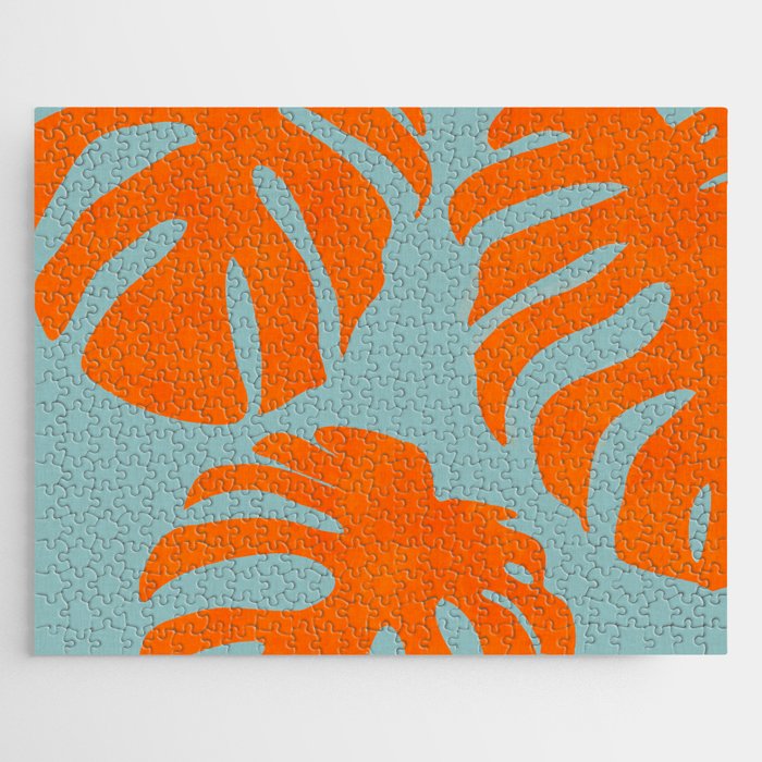 monstera leaves blue orange plant summer Jigsaw Puzzle Gallery Image 1