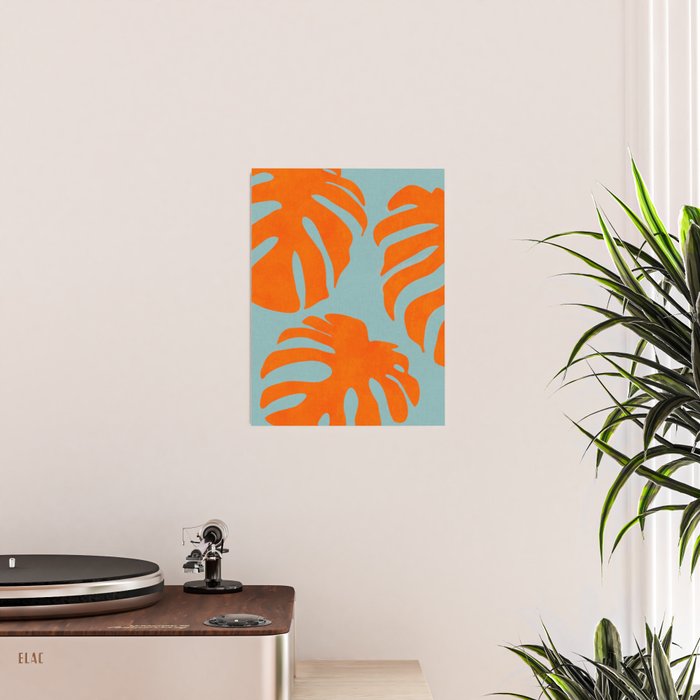 monstera leaves blue orange plant summer Poster Gallery Image 2