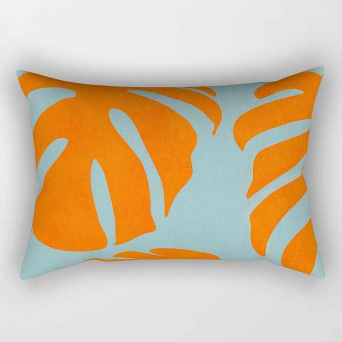 monstera leaves blue orange plant summer Rectangular Pillow Gallery Image 1