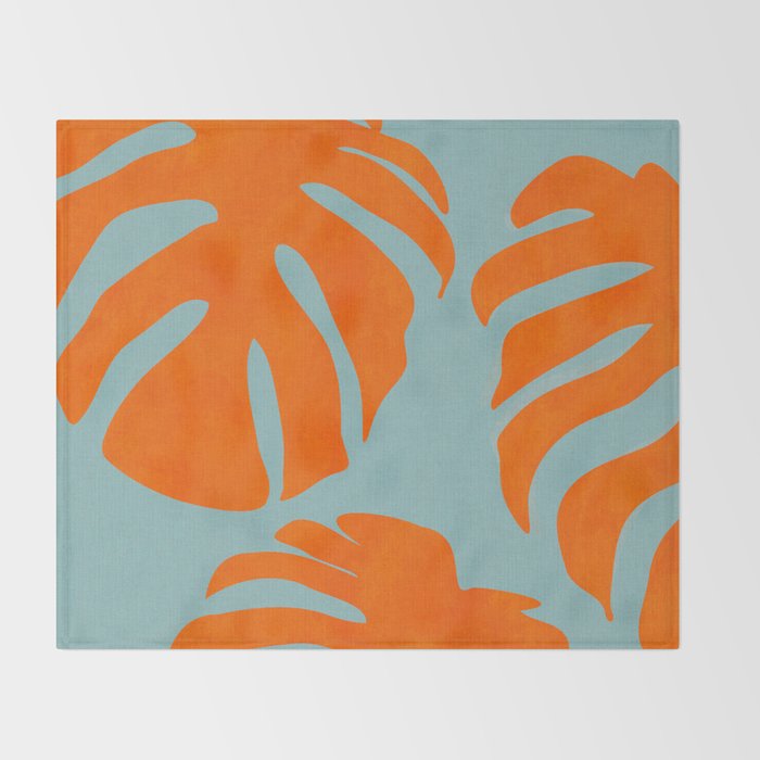 monstera leaves blue orange plant summer Throw Blanket Gallery Image 2