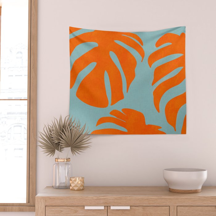 monstera leaves blue orange plant summer Wall Tapestry Gallery Image 2
