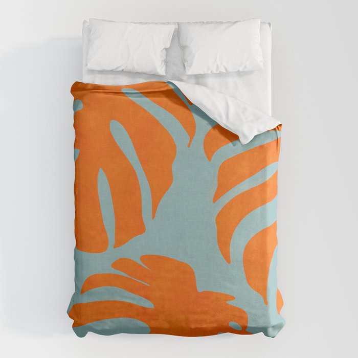 monstera leaves blue orange plant summer Duvet Cover Gallery Image 6