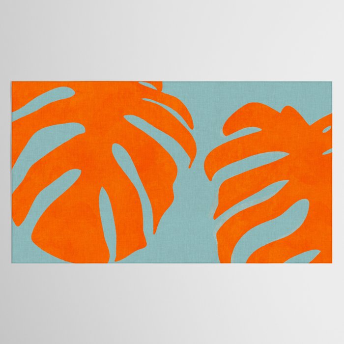 monstera leaves blue orange plant summer Tablecloth Gallery Image 2