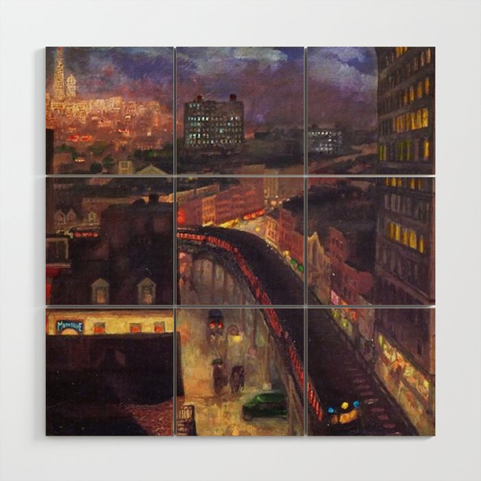 'The City from Greenwich Village' New York City subway cityscape by John French Sloan Wood Wall Art Gallery Image 1