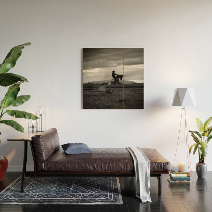 Black and White Cowboy Being Bucked Off Wood Wall Art Gallery Image 2