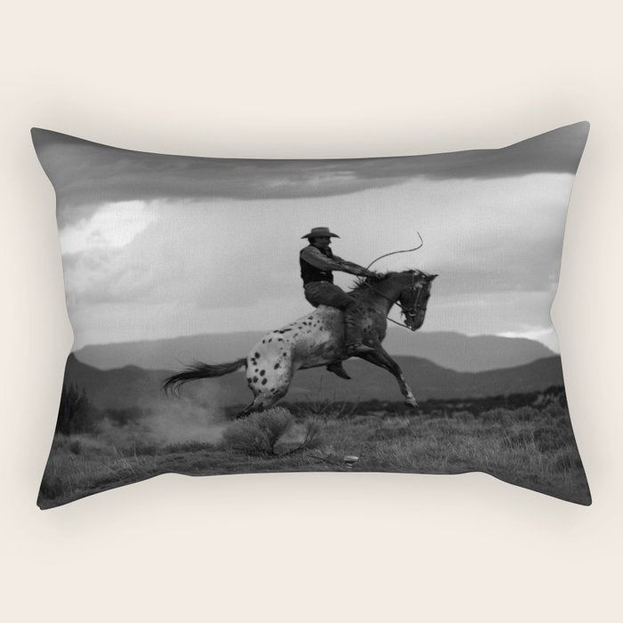 Black and White Cowboy Being Bucked Off Rectangular Pillow Gallery Image 1