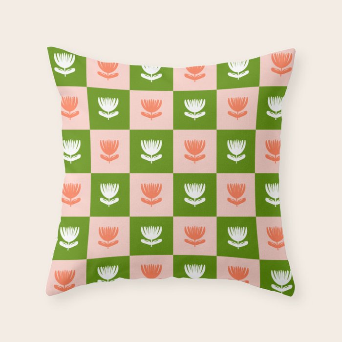Retro Checkered Tulips Pattern - Pink and Green Throw Pillow Gallery Image 6
