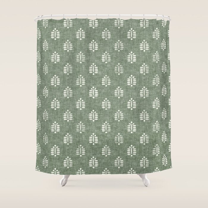 block print palm on sage Shower Curtain Gallery Image 1