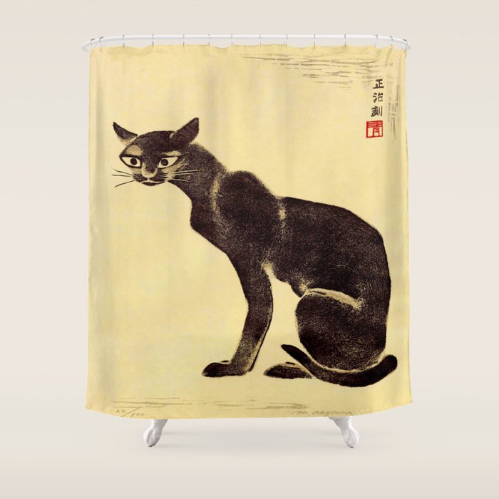 Aoyama Masaharu Black Skinny Cat Japanese Woodblock Print East Asian Art Shower Curtain Gallery Image 1