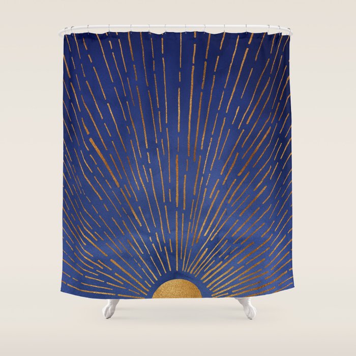 Twilight Blue and Metallic Gold Sunrise Shower Curtain Gallery Image 1