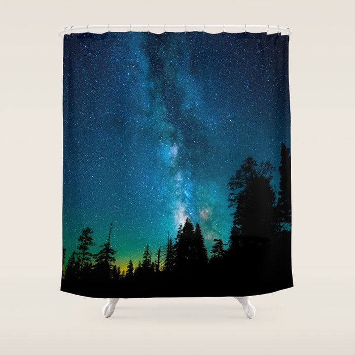 Blue White Milky Way Galaxy At Night Stars At Night Black Trees Silhouette Shower Curtain Gallery Image 1