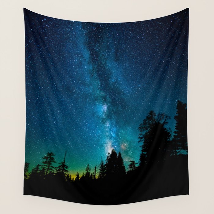 Blue White Milky Way Galaxy At Night Stars At Night Black Trees Silhouette Wall Tapestry Gallery Image 4