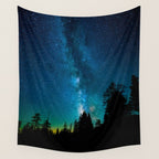 Blue White Milky Way Galaxy At Night Stars At Night Black Trees Silhouette Wall Tapestry Gallery Image 4