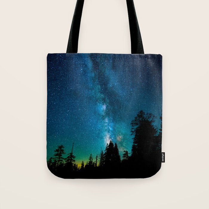 Blue White Milky Way Galaxy At Night Stars At Night Black Trees Silhouette Tote Bag Gallery Image 1