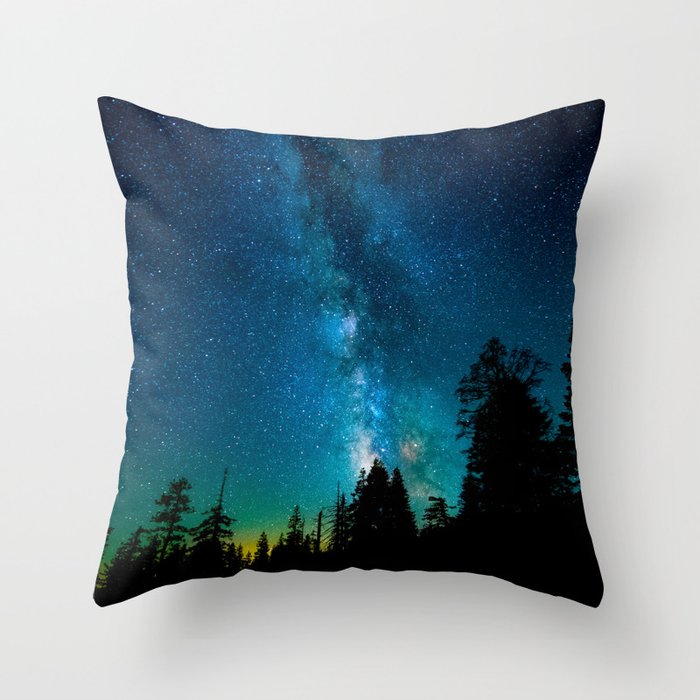 Blue White Milky Way Galaxy At Night Stars At Night Black Trees Silhouette Throw Pillow Gallery Image 1