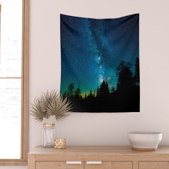 Blue White Milky Way Galaxy At Night Stars At Night Black Trees Silhouette Wall Tapestry Gallery Image 2