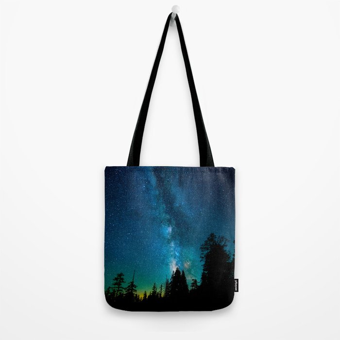 Blue White Milky Way Galaxy At Night Stars At Night Black Trees Silhouette Tote Bag Gallery Image 2
