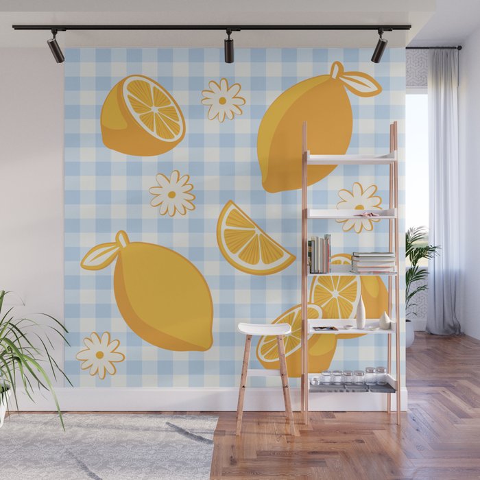 Lemons on Pastel Blue Gingham Wall Mural Gallery Image 1