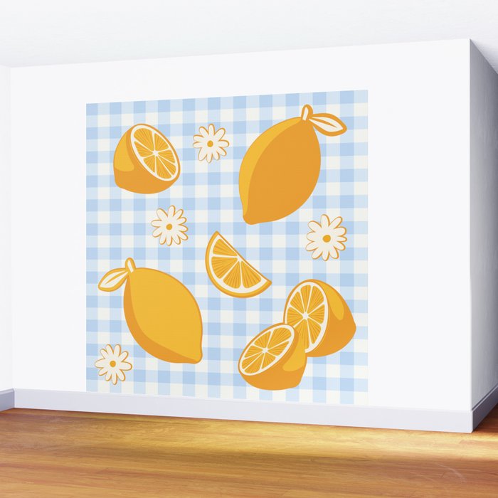 Lemons on Pastel Blue Gingham Wall Mural Gallery Image 2