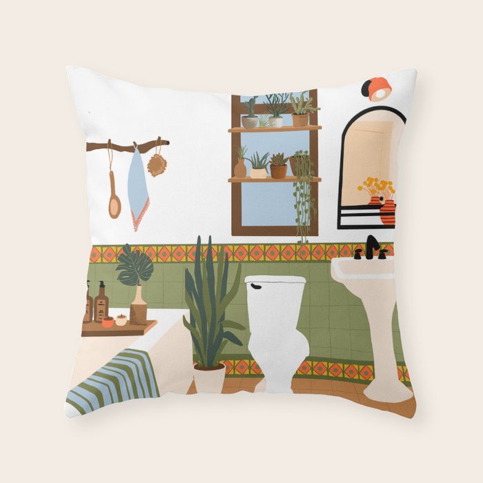 bohemian bathroom Throw Pillow Gallery Image 6