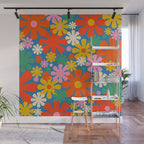 Colorful Flowers Retro 60s Aesthetic Floral Pattern on Blue Wall Mural Gallery Image 1