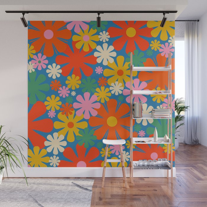 Colorful Flowers Retro 60s Aesthetic Floral Pattern on Blue Wall Mural Gallery Image 1
