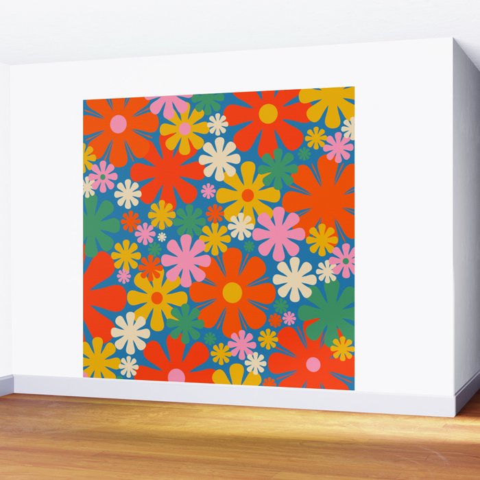 Colorful Flowers Retro 60s Aesthetic Floral Pattern on Blue Wall Mural Gallery Image 2
