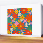 Colorful Flowers Retro 60s Aesthetic Floral Pattern on Blue Wall Mural Gallery Image 2
