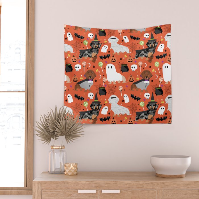 Dachshund dog breed halloween cute pattern doxie dachsie dog costumes Wall Tapestry Gallery Image 2