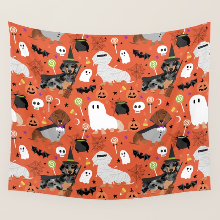 Dachshund dog breed halloween cute pattern doxie dachsie dog costumes Wall Tapestry Gallery Image 1