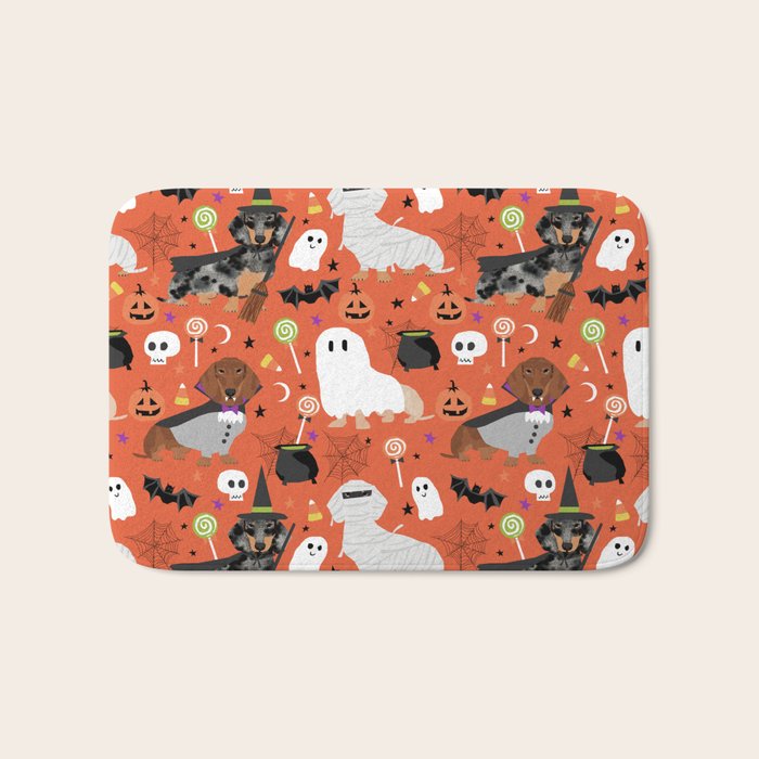 Dachshund dog breed halloween cute pattern doxie dachsie dog costumes Bath Mat Gallery Image 1