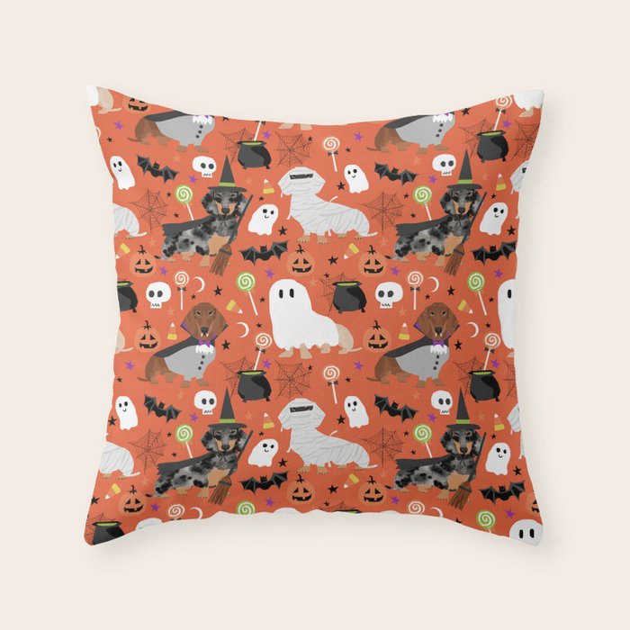Dachshund dog breed halloween cute pattern doxie dachsie dog costumes Throw Pillow Gallery Image 1