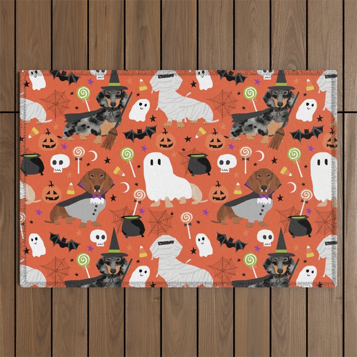 Dachshund dog breed halloween cute pattern doxie dachsie dog costumes Outdoor Rug Gallery Image 1