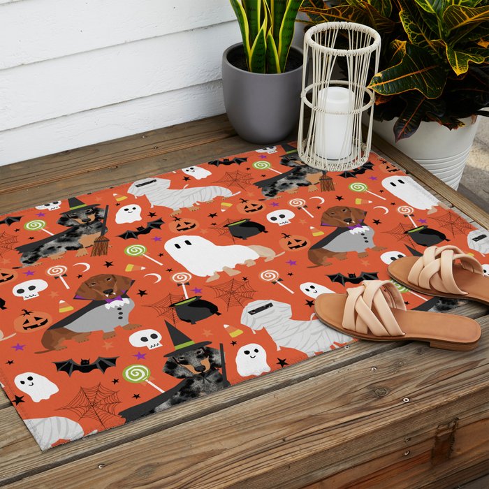 Dachshund dog breed halloween cute pattern doxie dachsie dog costumes Outdoor Rug Gallery Image 2