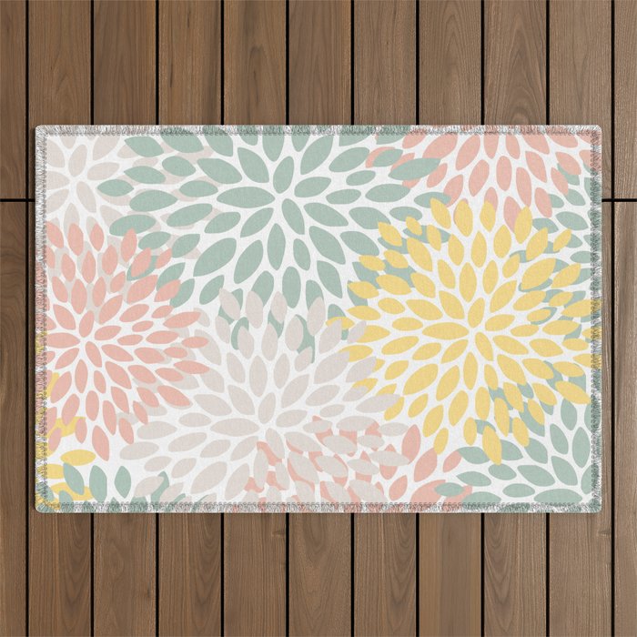 Festive, Abstract, Floral Prints, Coral, Green, Yellow Outdoor Rug Gallery Image 1