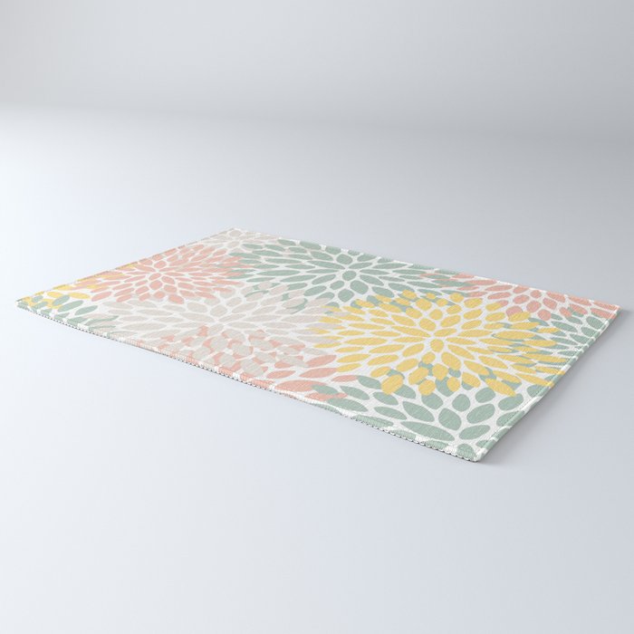 Festive, Abstract, Floral Prints, Coral, Green, Yellow Rug Gallery Image 3