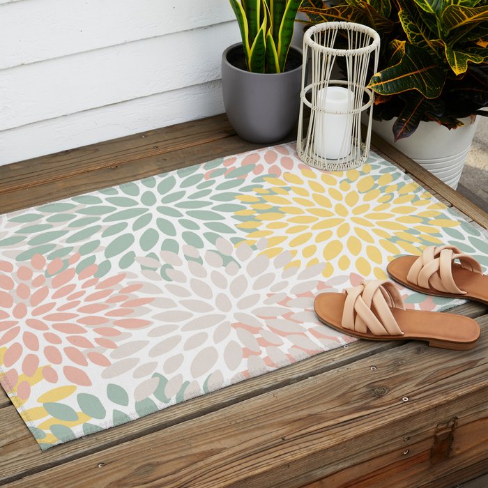 Festive, Abstract, Floral Prints, Coral, Green, Yellow Outdoor Rug Gallery Image 2
