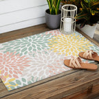 Festive, Abstract, Floral Prints, Coral, Green, Yellow Outdoor Rug Gallery Image 2