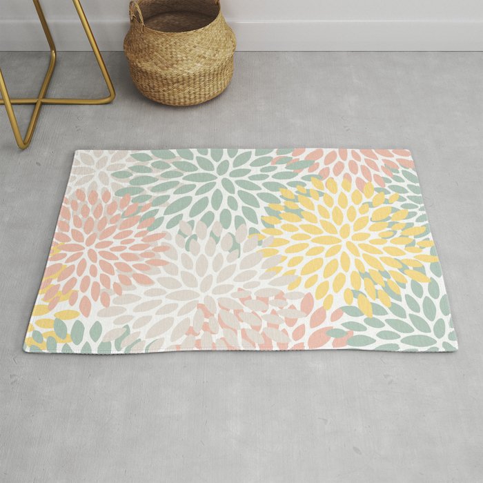 Festive, Abstract, Floral Prints, Coral, Green, Yellow Rug Gallery Image 1