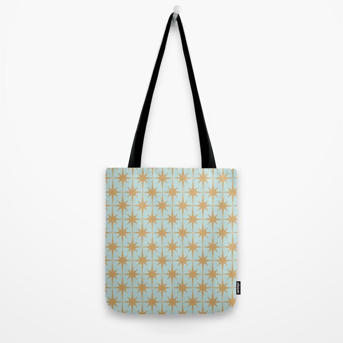 Mid Century Modern Starbursts - Atomic Age Pattern in Muted Gold and Pale Ice Blue Tote Bag Gallery Image 2