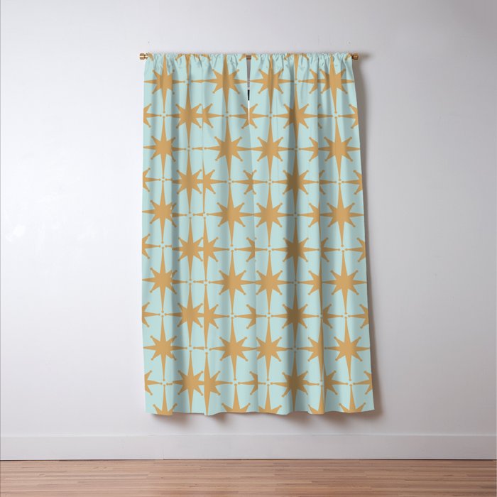 Mid Century Modern Starbursts - Atomic Age Pattern in Muted Gold and Pale Ice Blue Window Curtain Gallery Image 3