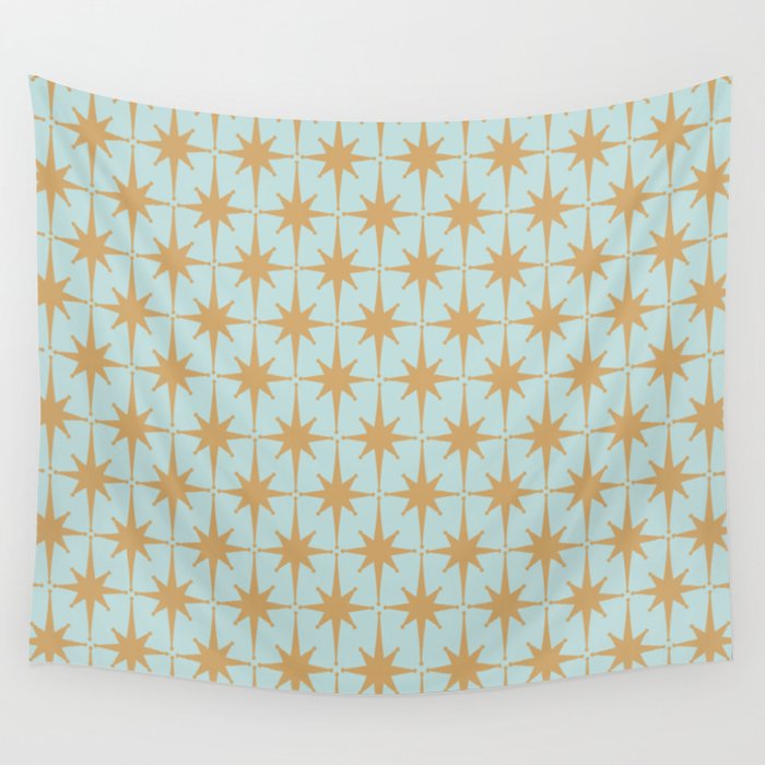 Mid Century Modern Starbursts - Atomic Age Pattern in Muted Gold and Pale Ice Blue Wall Tapestry Gallery Image 4