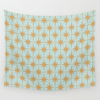Mid Century Modern Starbursts - Atomic Age Pattern in Muted Gold and Pale Ice Blue Wall Tapestry Gallery Image 4