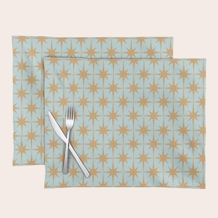 Mid Century Modern Starbursts - Atomic Age Pattern in Muted Gold and Pale Ice Blue Placemat Gallery Image 1