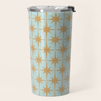Mid Century Modern Starbursts - Atomic Age Pattern in Muted Gold and Pale Ice Blue Travel Mug Gallery Image 2