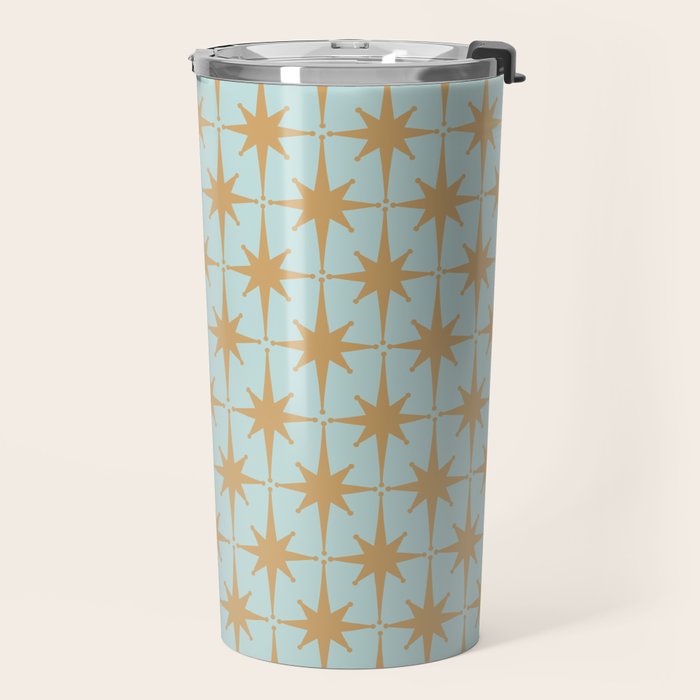 Mid Century Modern Starbursts - Atomic Age Pattern in Muted Gold and Pale Ice Blue Travel Mug Gallery Image 2