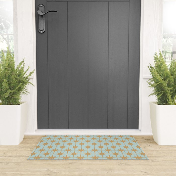 Mid Century Modern Starbursts - Atomic Age Pattern in Muted Gold and Pale Ice Blue Welcome Mat Gallery Image 3