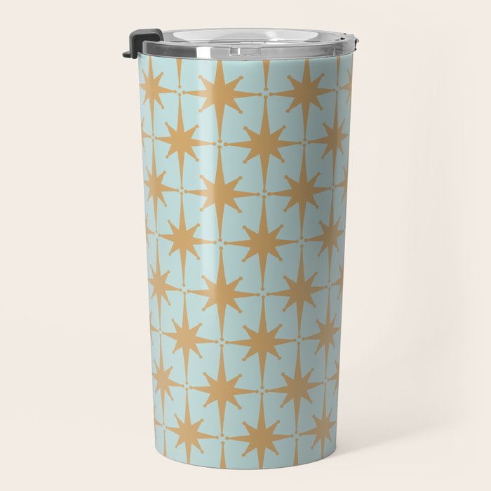 Mid Century Modern Starbursts - Atomic Age Pattern in Muted Gold and Pale Ice Blue Travel Mug Gallery Image 3